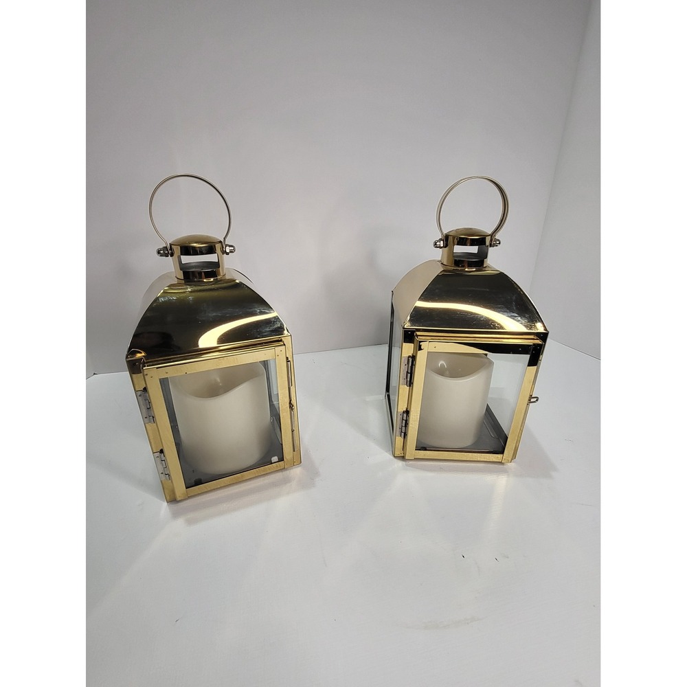 Gold Metal Lanterns with LED Candles Pair Decorative Wedding Decor 7.5in